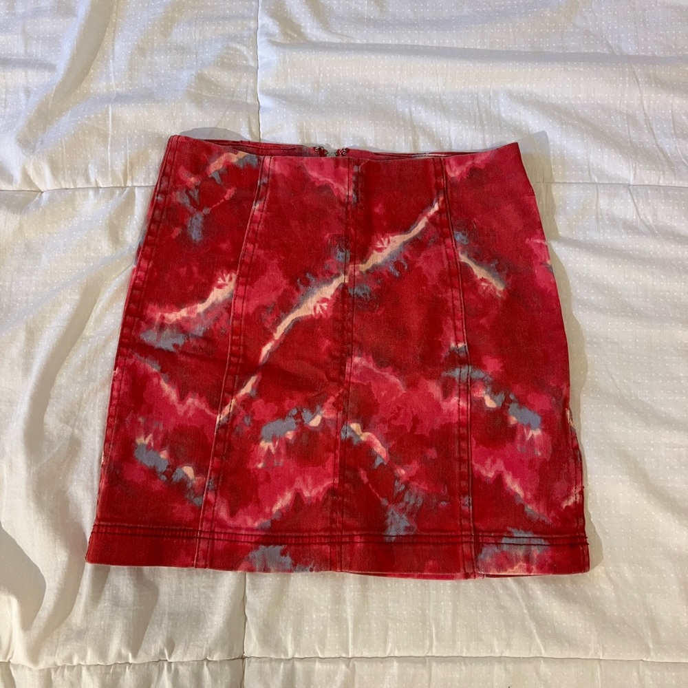 Free People Red Tie Dye Denim Mini Pencil Skirt